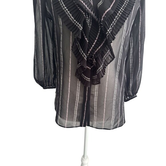 WHITE HOUSE BLACK MARKET WHBM Black White Striped Sheer Ruffle Blouse Size Small - Picture 5 of 9